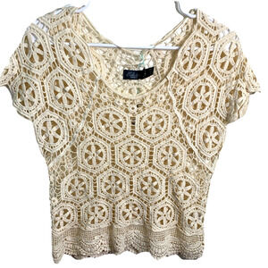 Costa Blanca Women Cream Crochet Lace Cap Sleeve Tunic Top Size M New